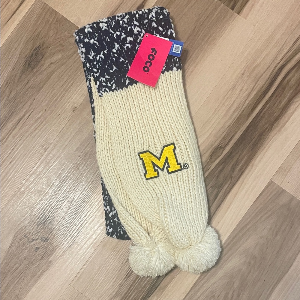 University of Michigan Cream Knit Pom-Trim Scarf - Michigan 'M' Patch